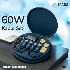 5'i 1 Arada 60W Destekli Seyahat Kablo Kutusu - Micro Usb, Type-C, Lightning 5 In 1 Şarj Seti