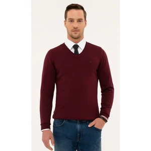 Pierre Cardin Erkek Bordo Slim Fit V Yaka Basic Triko Kazak 50230806-VR014