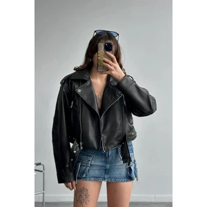 Yeni Sezon Oversize Kadın Siyah Biker Deri Ceket
