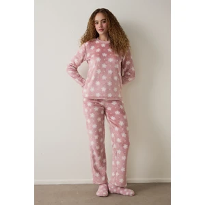 Pembe Pretty Daisies Çiçekli Bisiklet Yaka Uzun Kollu Pijama Takımı