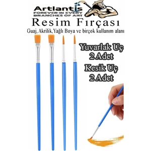 Resim Fırçası Kesik ve Yuvarlak Uçlu 4 Adet Sentetik Fırça Ekonomik Suluboya Akrilik Boya Guaj Boya Yağlı Boya Resim