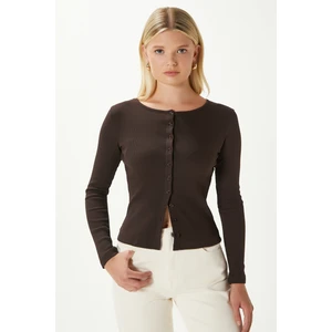 Young Cool Düğmeli Uzun Kollu Kahverengi Bluz