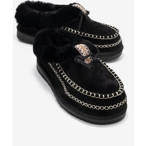 Norıel Siyah Süet Hakiki Deri Dikişli Kürklü Kadın Makosen Terlik