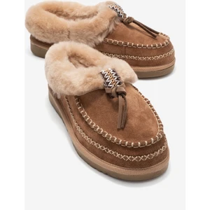 Norıel Toprak Süet Hakiki Deri Dikişli Kürklü Kadın Makosen Terlik