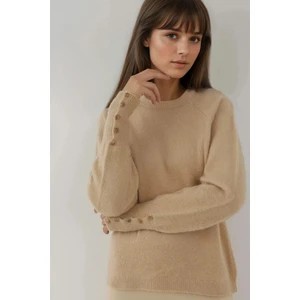 Kadın Yumuşak Dokulu Düğme Detaylı Uzun Kollu Triko Kazak Bej Doğal