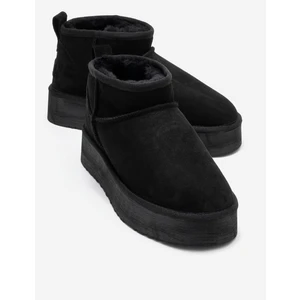 Veyra Siyah Süet Hakiki Deri Kürklü Platform Tabanlı Kadın Mini Bot