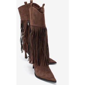 Gueras Kahverengi Süet Püsküllü Sivri Burun Kadın Topuklu Çizme