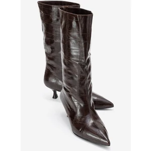 Crow Kahverengi Baskı Sivri Burunlu Kadın Topuklu Kısa Çizme