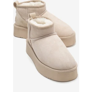 Veyra Bej Süet Hakiki Deri Kürklü Platform Tabanlı Kadın Mini Bot