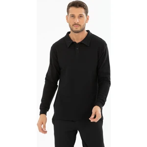 %100 Pamuk Uzun Kollu Polo Yaka Pike Desenli Tişört - Regular Fit Düğmeli