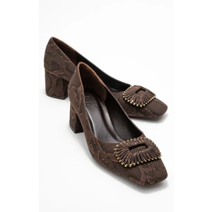 Velora Kahverengi Desenli Tokalı Kadın Kalın Topuklu Ayakkabı