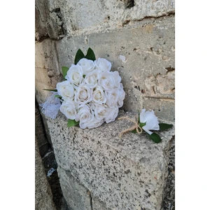 Gelin Buketi 15'li Kadife Gül Beyaz Renk Damat Yaka Çiçeği