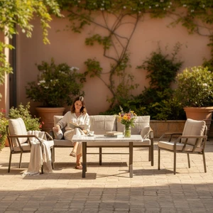 Nergiz Kapiçino Metal 3 1 1 Masa Bahçe Balkon Mobilyası,Krem