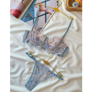 Kadın Mavi Nakış Işlemeli Transparan Iç Çamaşır Takımı