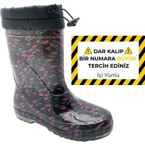 Çiğdem Kundura Çiğdem Içi Tüylü Çiçekli Lastik Çizme  - Renkli-Siyah-Kırmızı - 38