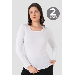 2 Adet Kadın Beyaz Tişört Bisiklet Yaka Uzun Kollu Fanila Badi %100 Pamuk Ribana