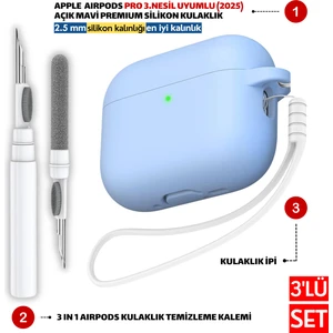 Pro 3.Nesil Uyumlu Açık Mavi Premium Silikon Kılıf, Kulaklık İpi, 3'ü 1 Arada Temizleme Kalemi Seti