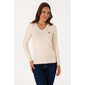 U.S. Polo Assn. Kadın Krem V Yaka Basic Kazak 50307727-VR256