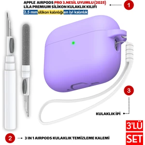 Pro 3.Nesil Uyumlu Lila Silikon Kulaklık Kılıfı, Kulaklık İpi Ve 3'ü 1 Arada Temizleme Kalemi Seti
