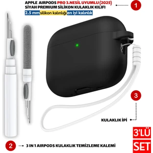 Pro 3.Nesil Uyumlu Siyah Silikon Kulaklık Kılıfı, Kulaklık İpi Ve 3'ü 1 Arada Temizleme Kalemi Seti