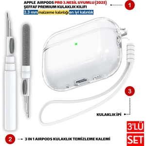 Pro 3.Nesil Uyumlu Şeffaf Premium Kulaklık Kılıfı, Kulaklık İpi ve 3'ü 1 Arada Temizleme Kalemi Seti