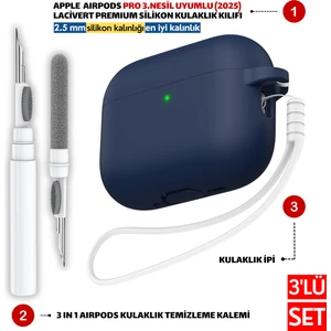 Pro 3.Nesil Uyumlu Lacivert Premium Silikon Kılıf, Kulaklık İpi Ve 3'ü 1 Arada Temizleme Kalemi Seti