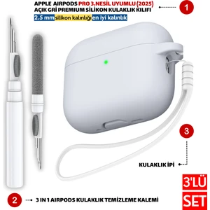 Pro 3.Nesil Uyumlu Açık Gri Premium Silikon Kılıf, Kulaklık İpi Ve 3'ü 1 Arada Temizleme Kalemi Seti