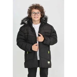 Erkek Çocuk Siyah Kalın Kapüşonlu Su Itici Kürklü Mont Rahat Kalıp, Fermuarlı Cepli Şık Kaban