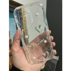 Samsung Galaxy A17 Kılıf Kamera Korumalı Şeffaf Dalga Kenarlı Kırmızı Kalp Diyonk Desenli Yumuşak Silikon Kapak