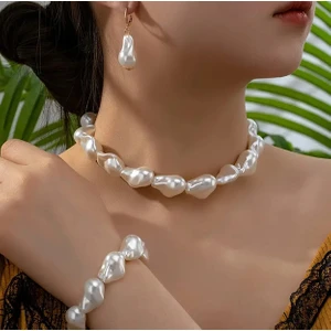 Şık Zarif Elegant Barok Inci Set Kolye Bileklik Küpe