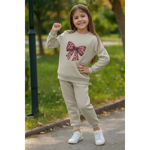 Kız Çocuk 3 Iplik Içi Şardonlu Alt Üst Eşofman Takımı Kurdele Baskılı