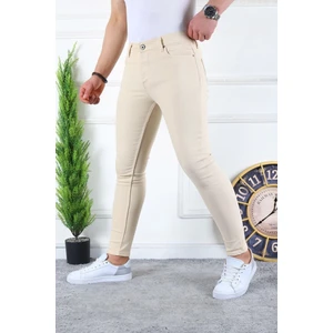 Erkek Jeans Slim Fit Likralı Denim Krem Kot Pantolon