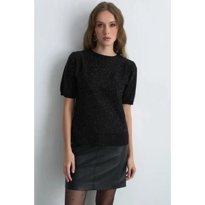 Pullu Kısa Kollu Triko Bluz - Siyah