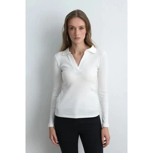 Polo Yakalı Pamuk Örme Bluz - Ekru