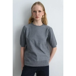 Pullu Kısa Kollu Triko Bluz - Gri