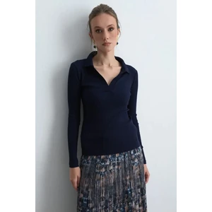 Polo Yakalı Pamuk Örme Bluz - Lacivert