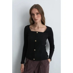 Kare Yaka Pamuk Örme Bluz - Siyah
