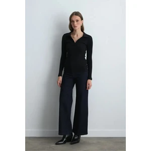 Polo Yakalı Pamuk Örme Bluz - Siyah