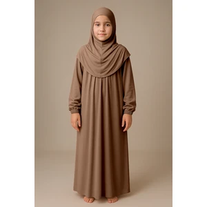 Kız Çocuk Tesettür Elbisesi Tek Parça Namaz Kıyafeti Tak Çıkar Başörtülü Pamuklu Lastikli Kolu