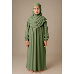 Kız Çocuk Tesettür Elbisesi Tek Parça Namaz Kıyafeti Tak Çıkar Başörtülü Pamuklu Lastikli Kolu
