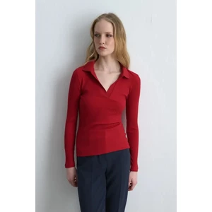 Polo Yakalı Pamuk Örme Bluz - Kırmızı