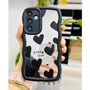 Samsung Galaxy A17 Kılıf Kamera Korumalı Şeffaf Dalga Kenarlı Kırmızı Kalp Diyonk Desenli Yumuşak Silikon Kapak