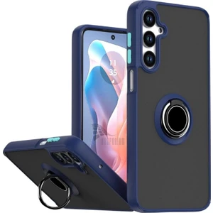Samsung Galaxy S25 Fe Uyumlu Kılıf Yüzüklü Standlı Extra Darbe Koruma Sert Silikon Kapak - Lacivert