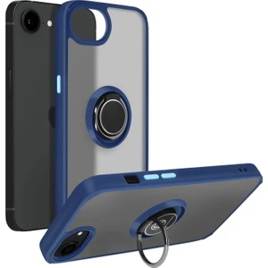 Apple iPhone 16E Uyumlu Kılıf Yüzüklü Standlı Extra Darbe Koruma Sert Silikon Kapak - Lacivert