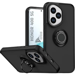 Honor 400 Uyumlu Kılıf Yüzüklü Standlı Extra Darbe Koruma Sert Silikon Kapak - Siyah
