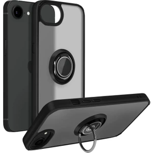 Apple iPhone 16E Uyumlu Kılıf Yüzüklü Standlı Extra Darbe Koruma Sert Silikon Kapak - Siyah