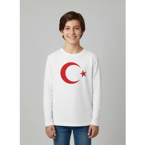 Çoçuk Erkek-Kız  Ay Yıldızlı Türk Bayraklı Uzun Kollu Kırmızı-Beyaz T-Shirt