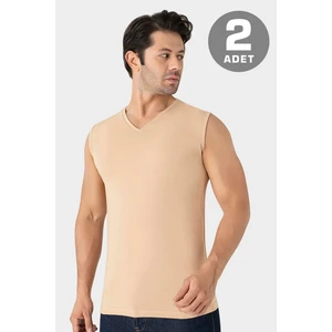 2'li Görünmez Atlet Erkek Ten Rengi V Yaka Kolsuz Tişört Pamuklu Likralı Esnek Yumuşak Kumaş