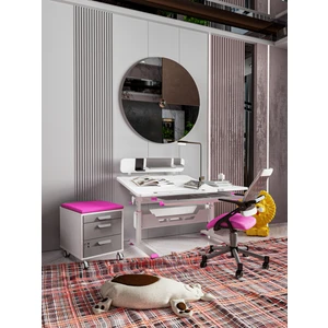 Creo Mobili Lüks Öğrenci Çalışma Masası, Yükseklik Ayarlı Masa + Sandalye + Keson - Beyaz/Fuşya - Vega Delüx