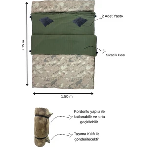 Med Online Çift Kişilik Askeri Kamuflaj Uyku Tulumu(-25 °c) 220 gr ELYAF/180 Polar Kalın&sıcak Su Geçirmez Kamp